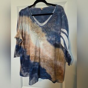 Reba Embellished Sparkle Metallic V-Neck 3/4 Sleeve Poly Knit Blouse Tunic 2X